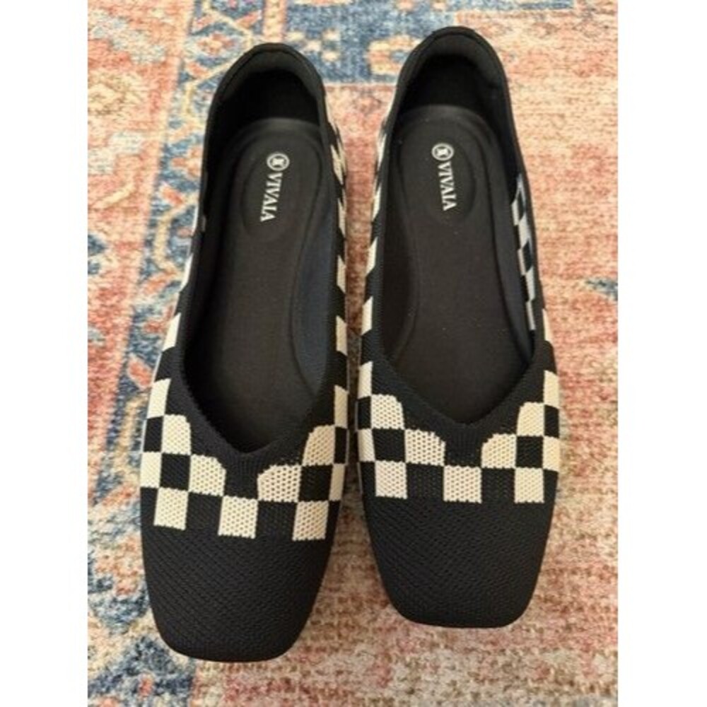 VIVAIA Women’s Knit Check Ballet Flats Black/Beige Square Toe Slip On EU 40.5